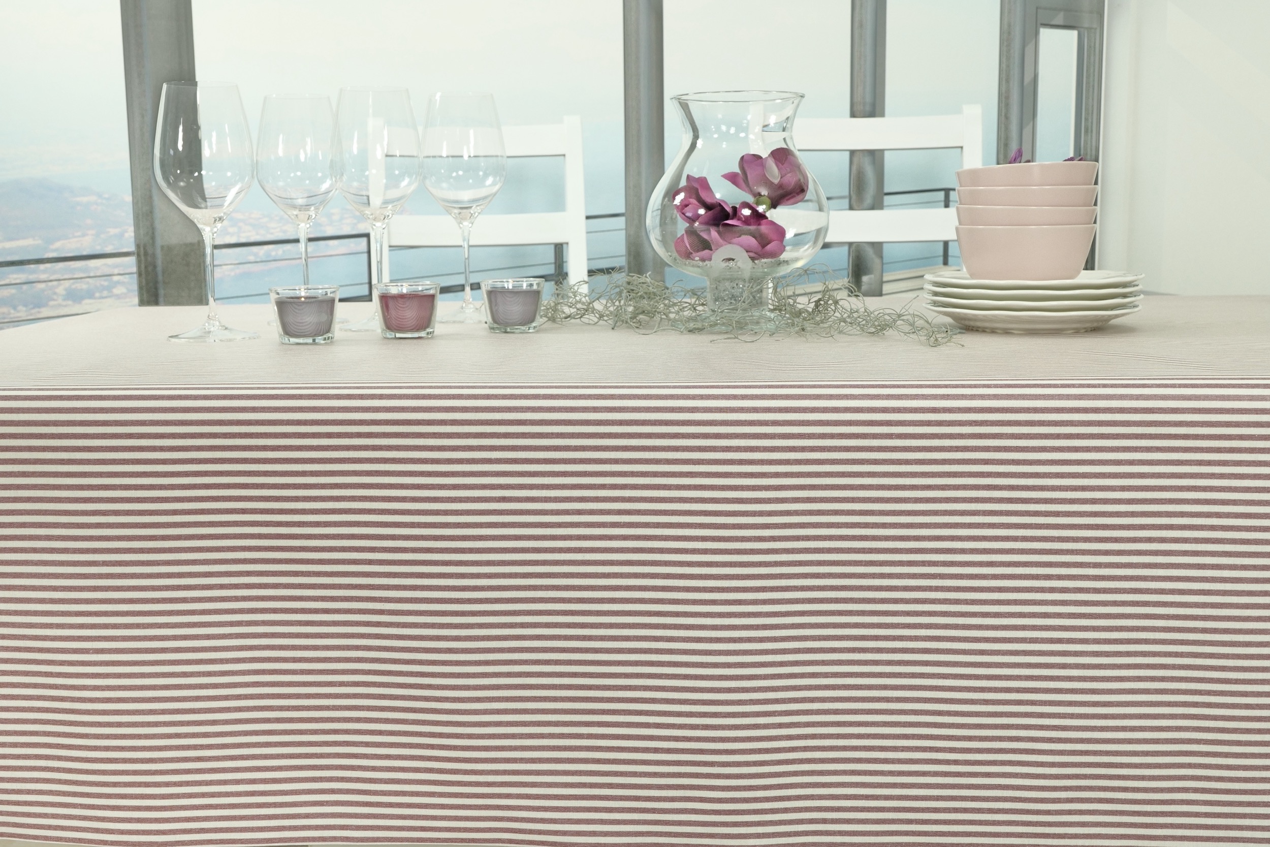 Tischdecke abwaschbar Weinrot Weiß gestreift Finja Breite 90 cm