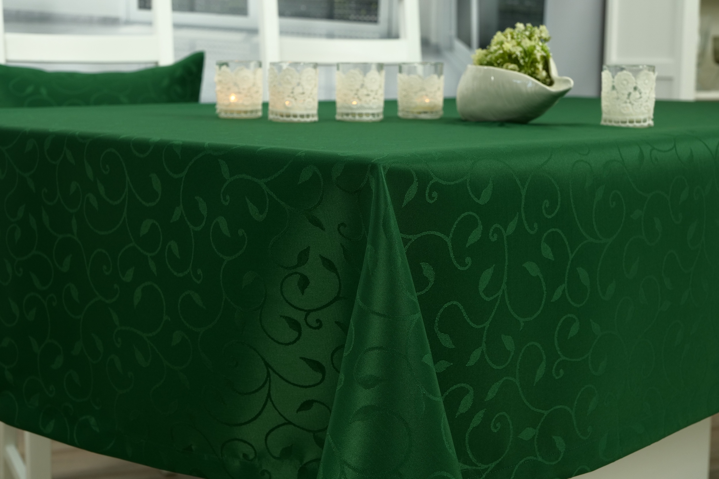 Damast Tischdecke 370 cm cm Fleckschutz Breite mit 140 | Muster Grün