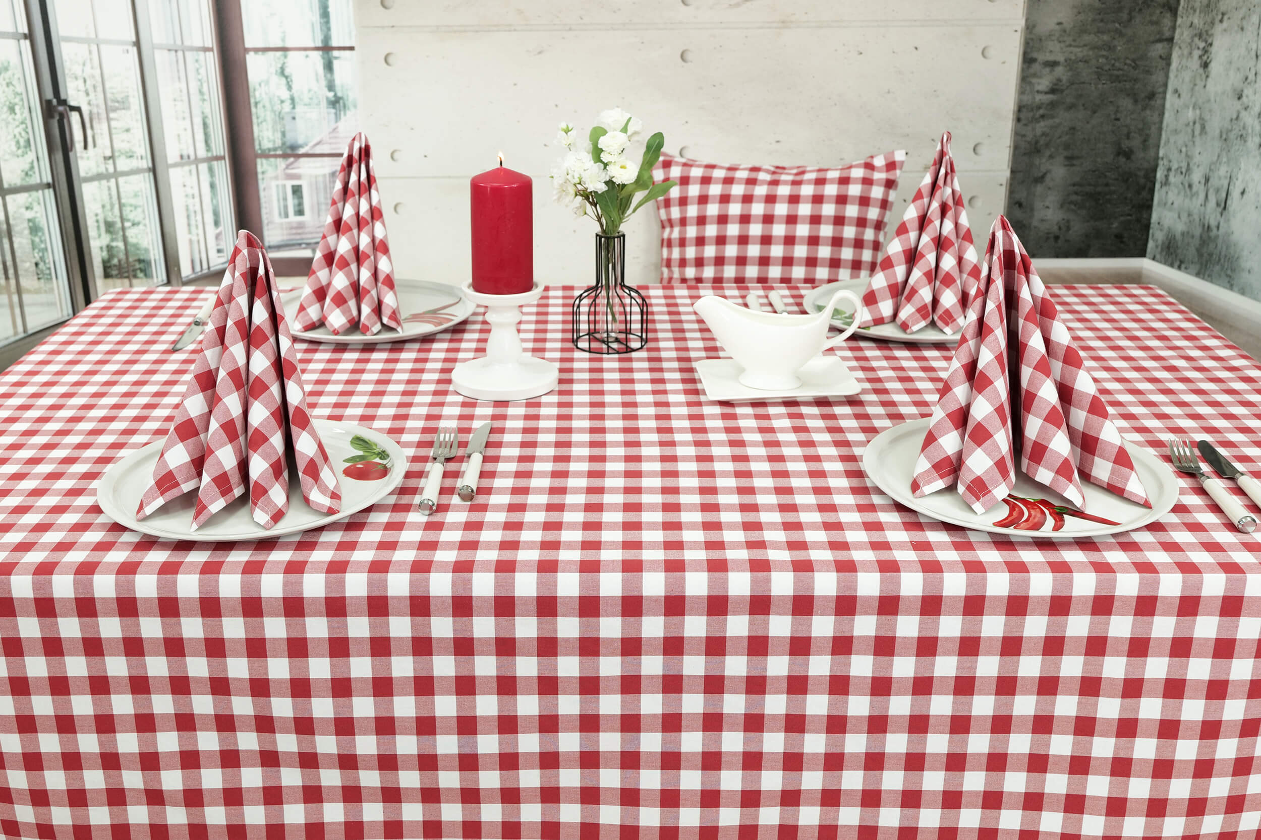 Tischdecke Karierte 150 Cuadros cm Breite Weiß Rot