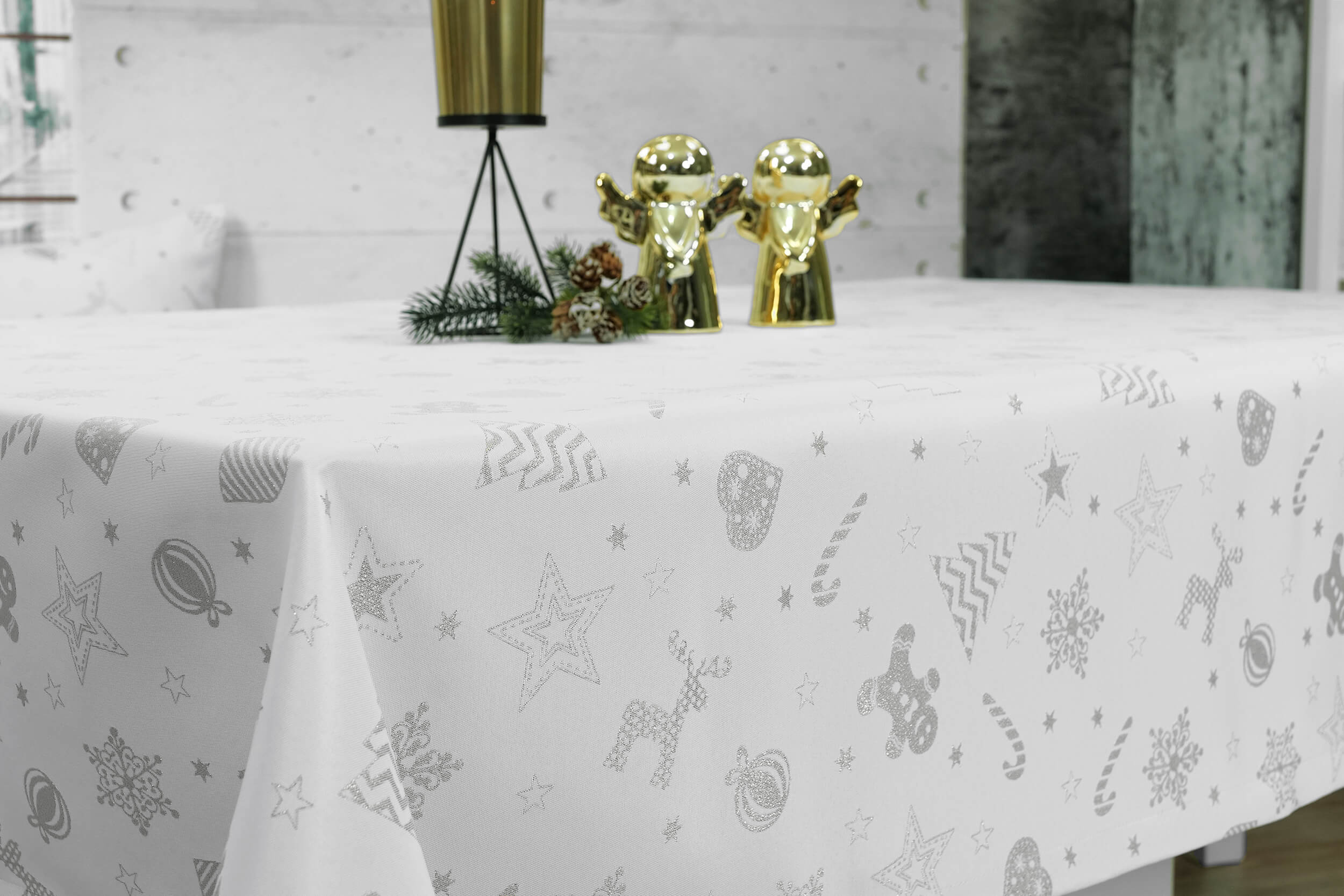 Weiße Tischdecke Breite 120 cm mit Silber Fleckschutz Muster Estrello