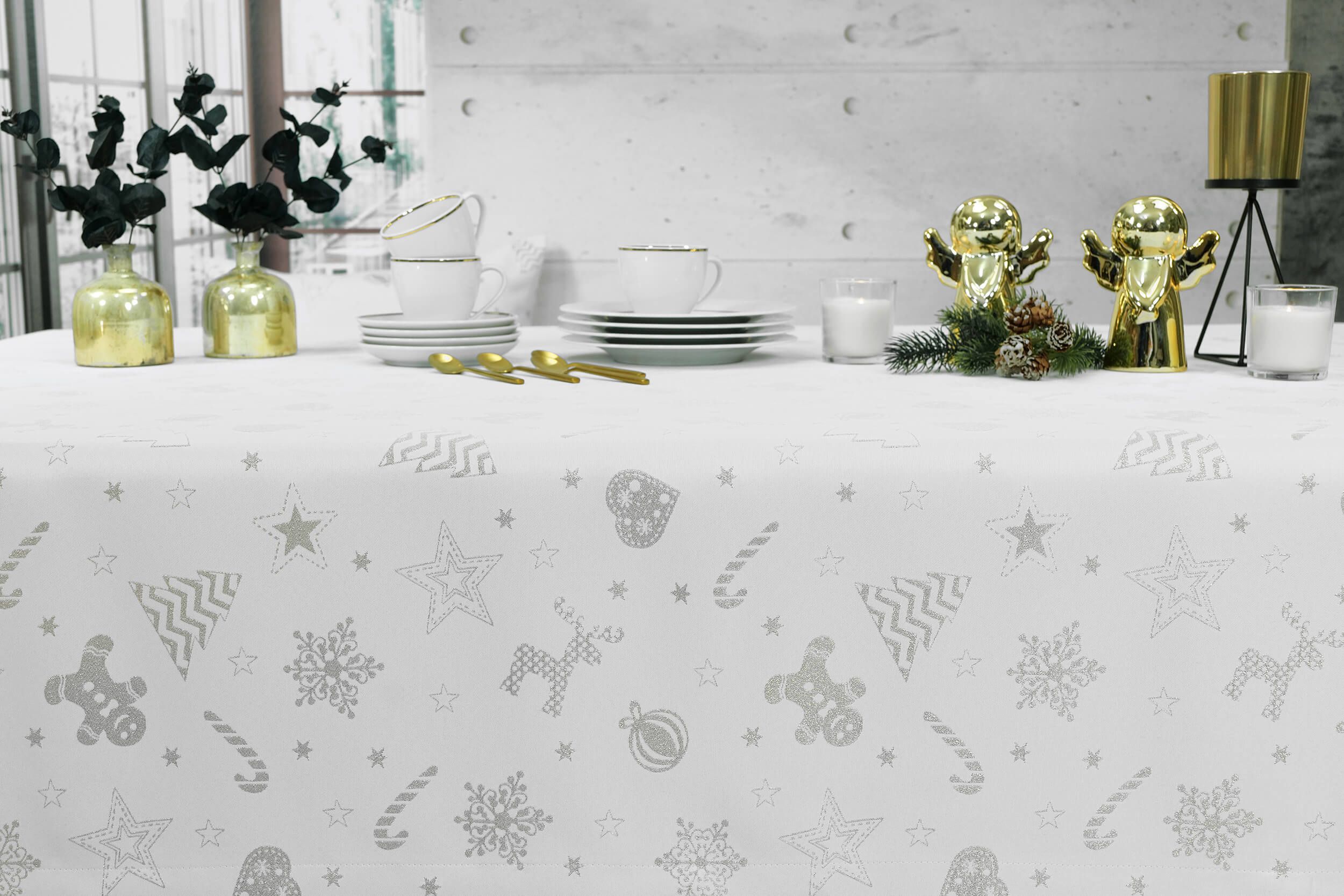 Weiße Tischdecke Breite 120 cm Silber Estrello Muster mit Fleckschutz