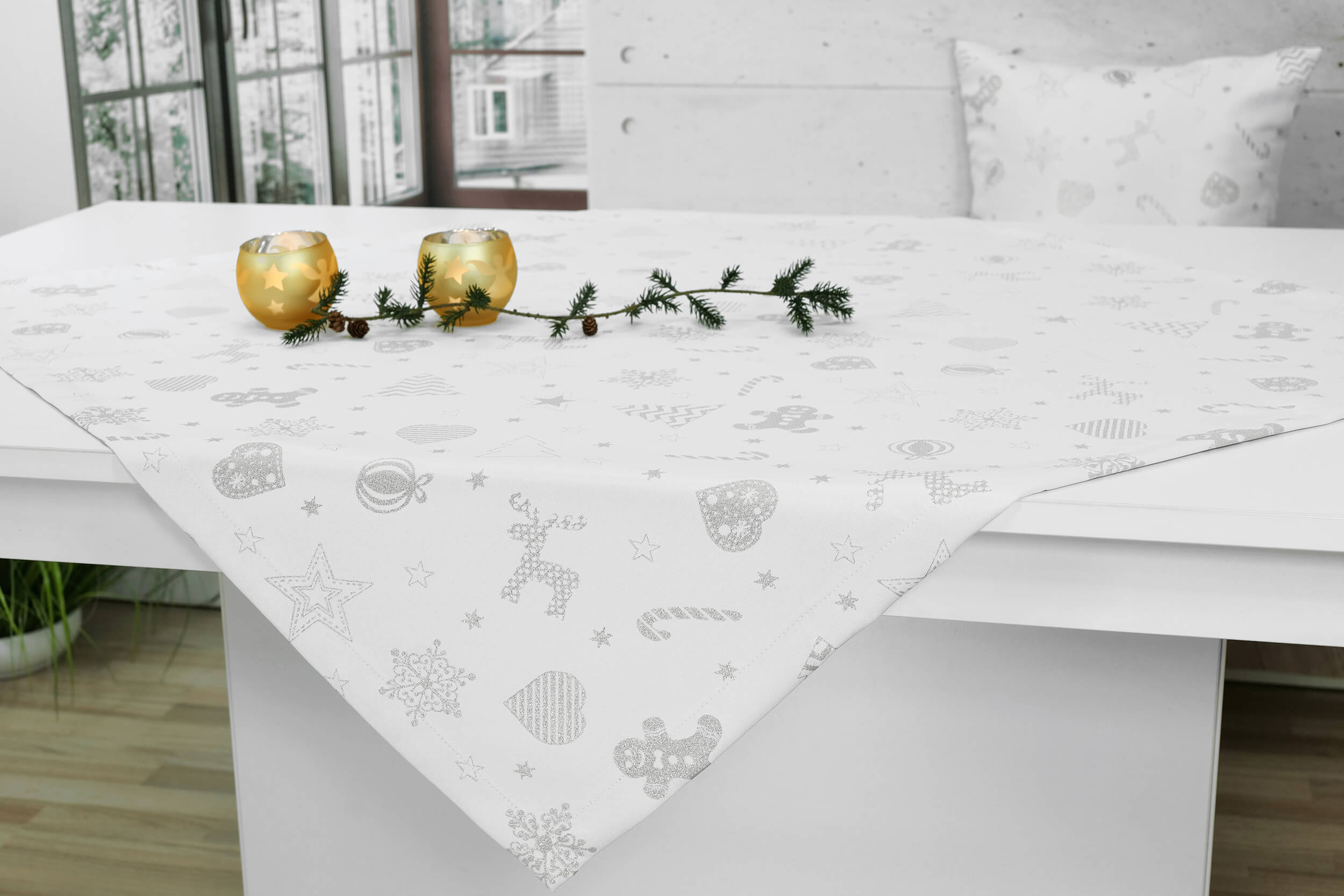Weiße Tischdecke ab 80x80 Estrello – 150x150 cm cm Muster Silber QUADRATISCH mit Fleckschutz
