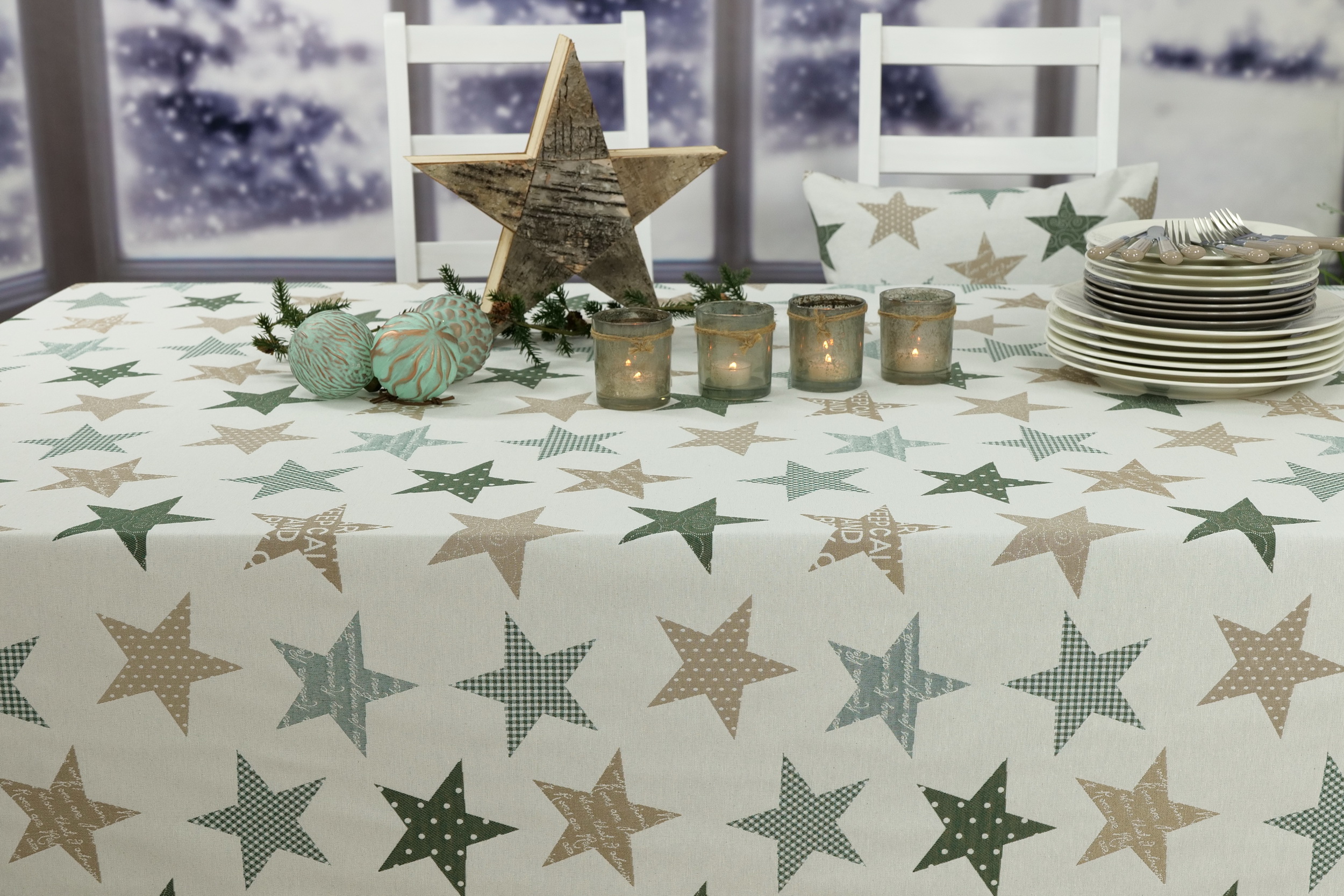 Moderne Weihnachtstischdecke Beige Grün Sterne cm | | 100 cm Breite 120 SW130790