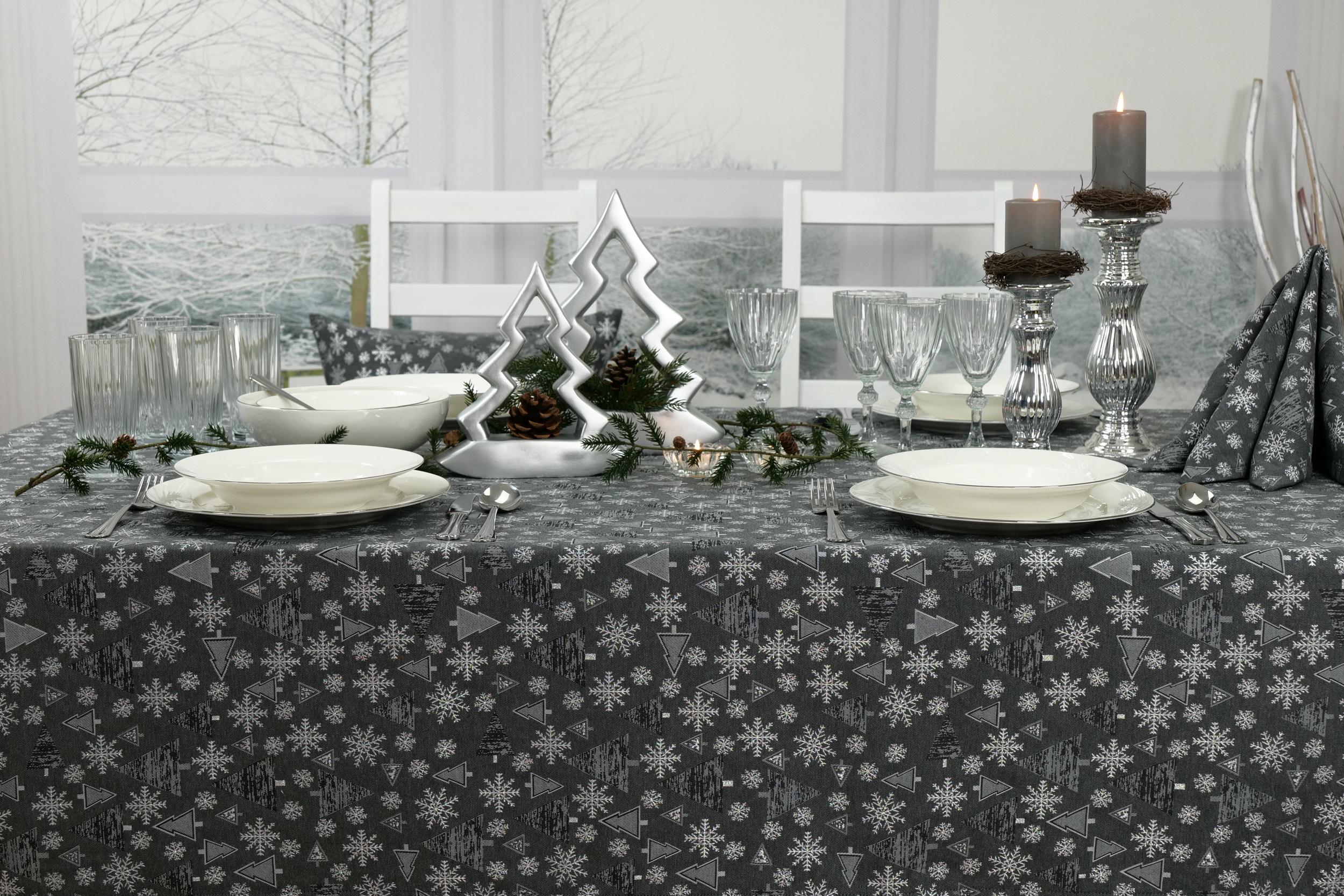 Weihnachtstischdecke Anthrazit Silber Muster Festlichkeit Breite 100 cm |  120 cm | SW130852